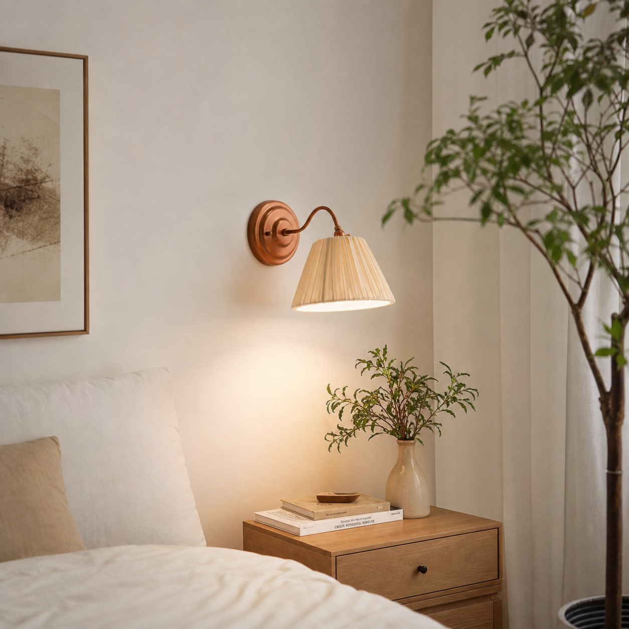 Cream wall sconce beside bed and framed art