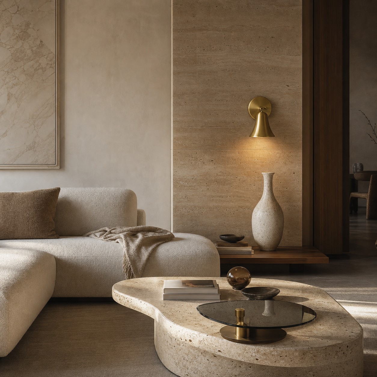 Brass bell wall sconce in a warm lounge setting