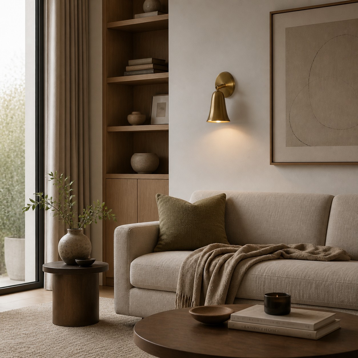 Brass bell shade wall sconce beside a sofa